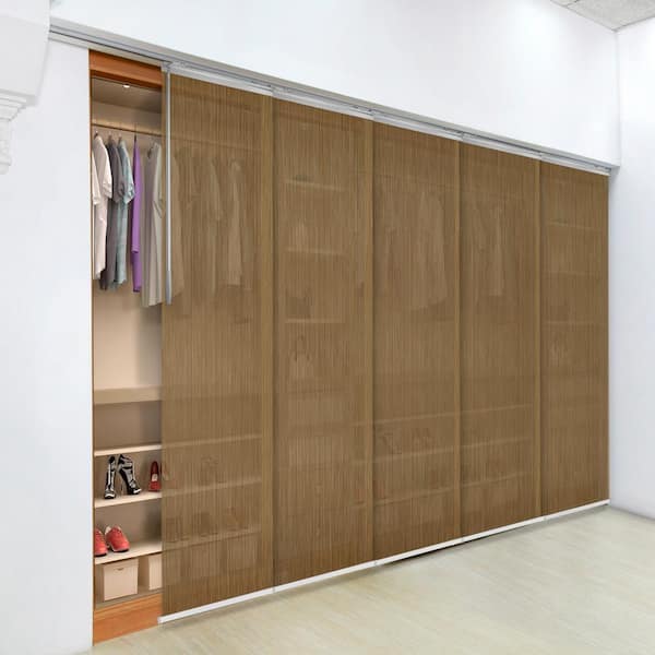 EMOH Wood 58 in.- 110 in. W x 116 in. L Adjustable 5-Panel Satin Nickel Single Rail Panel Track with 23.5 in. Slates