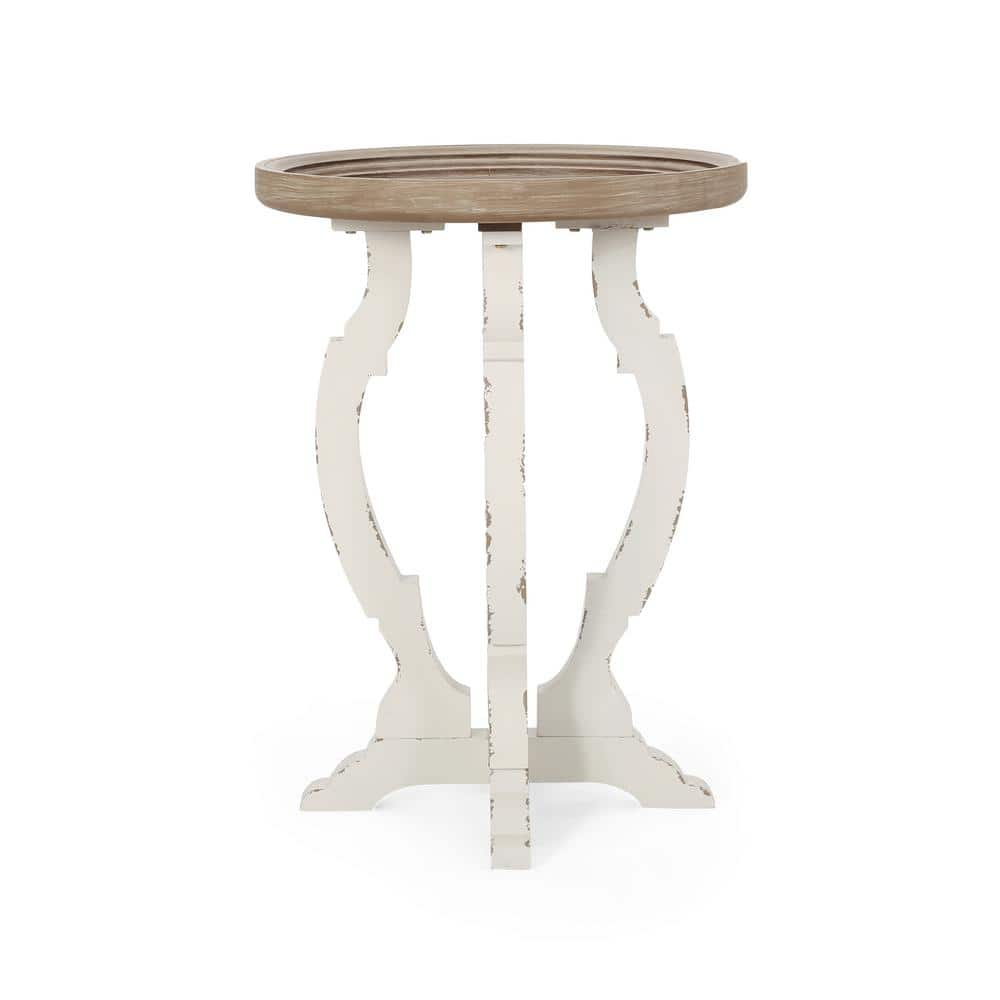 Elegant French Country Round Wood Accent Table in Distressed White