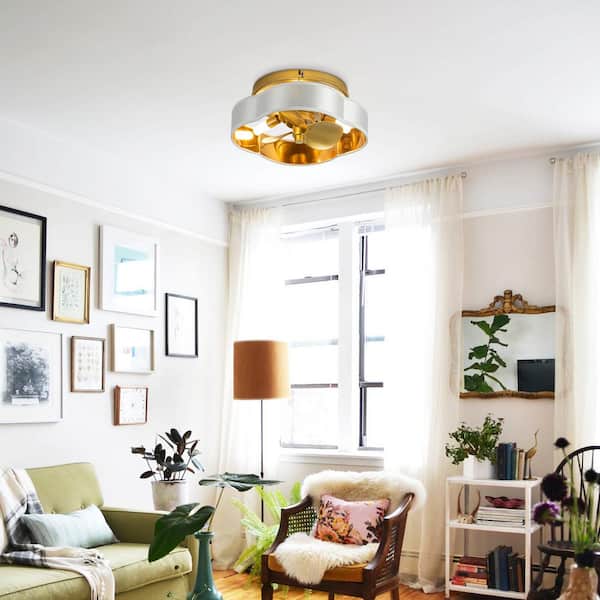 12.6 in. Indoor Flush Mount Brass Gold Caged Ceiling Fan with Remote Control and Light Bulbs Included