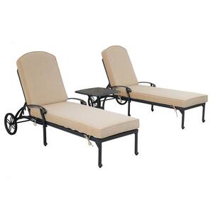 Dark Bronze 3-Piece Aluminum Outdoor Chaise Lounge with Beige Cushion, Side Table for Swimming Pool