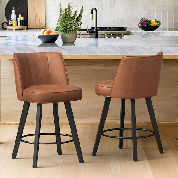 Paul 26 in. Brown Modern Faux Leather 360° Swivel High Back Barstool Solid Wood Counter Height stool Set of 2