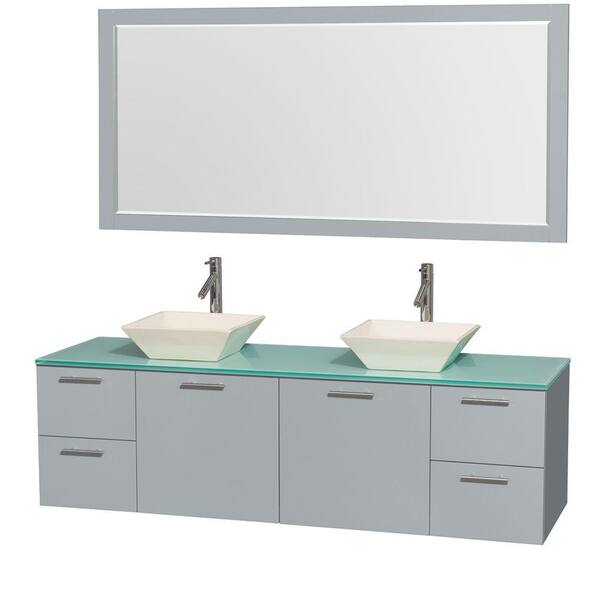 Wyndham Collection Amare 72 in. W x 22.25 in. D Vanity in Dove Gray with Glass Vanity Top in Green with Bone Basins and 70 in. Mirror