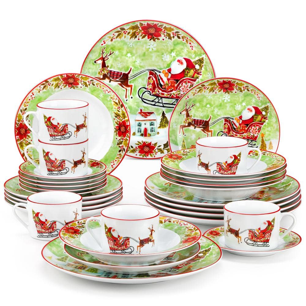 VEWEET 30 Piece Porcelain Christmas Green Sleigh Dinnerware Set for ...
