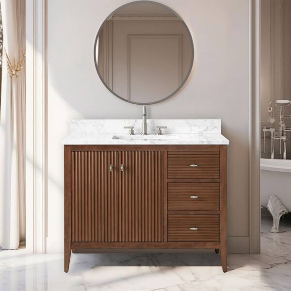 42 in. W x 22 in D x 38 in. H Single Sink Bath Vanity Cabinet in Linear Walnut with White Engineered Marble Top