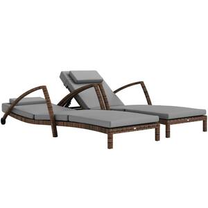 Wicker Outdoor Chaise Lounge with Cushions, Arms and Adjustable Backrest, Dark Brown Frame and Gray Cushions