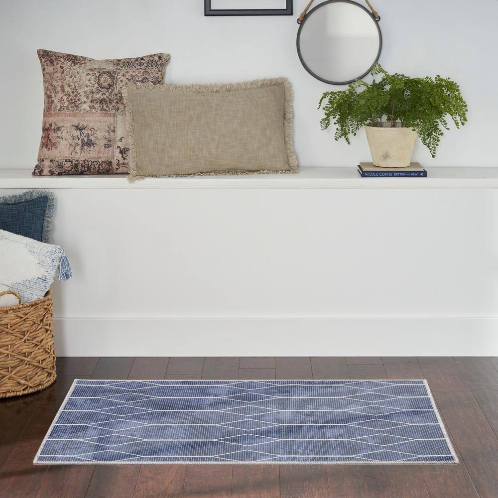 Navy Geometric Flat Woven Synthetic Washable Rug 2' x 3'9"