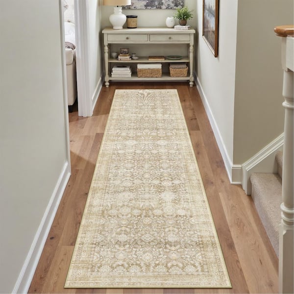 Solo 2 ft. X 8 ft. Beige Distressed Vintage Floral Runner Rug