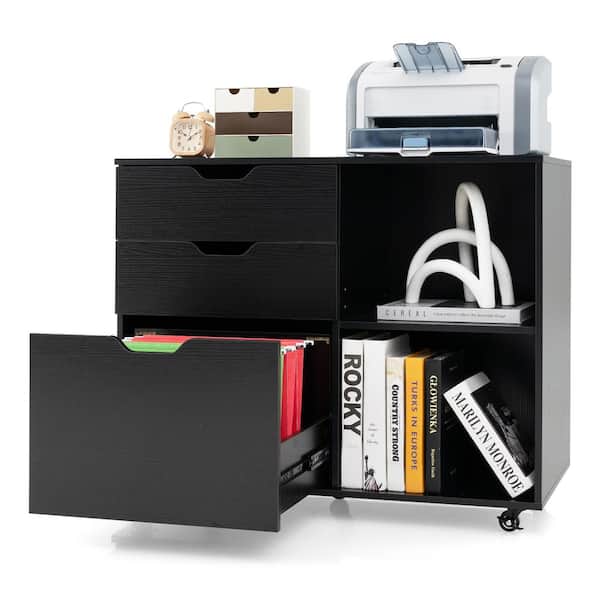 Gymax 3-Drawer Black Wood 32 in. W Vertical File Cabinet w/Open