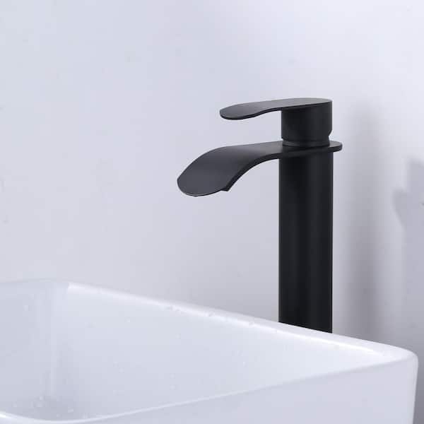 Single Handle Single Hole Tall Waterfall Bathroom Faucet with Pop Up Drain and Supply Lines in Matte Black