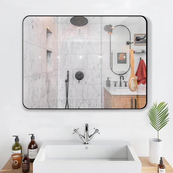 WELLFOR F1 Bathroom Mirror 48-in x 36-in Black Framed Bathroom Vanity Mirror  in the Bathroom Mirrors department at