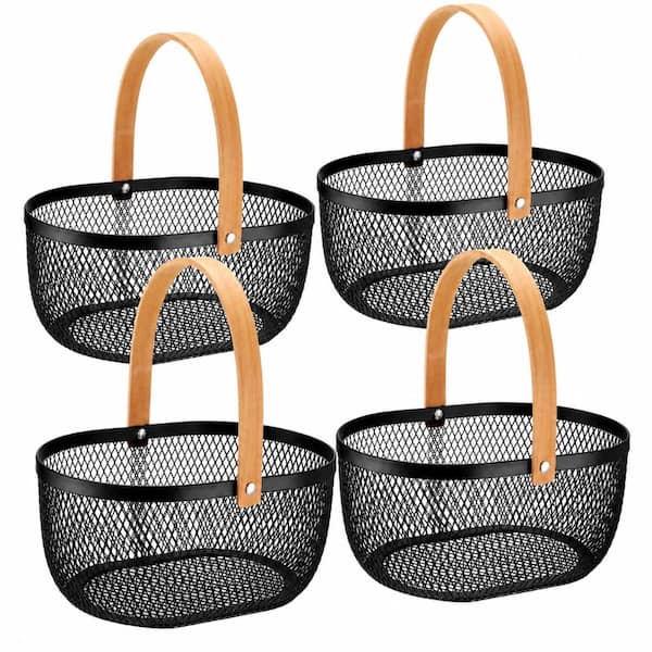 4-Piece Black Oval Metal Wire Storage Basket Set with Wooden Handles for Kitchen Bathroom Picnic, 10.24 x 7.68 x 3.94 I