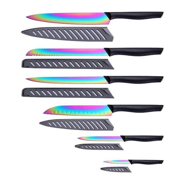 12-Piece Rainbow Color Stainless Steel Chef Boxed Knives Set for Kitchen with Covers, 6 Knives with 6 Blade Guards