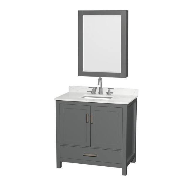Wyndham Collection Sheffield 36 in. W x 22 in. D x 35 in. H Single Bath Vanity in Dark Gray with Giotto Quartz Top and Mirror