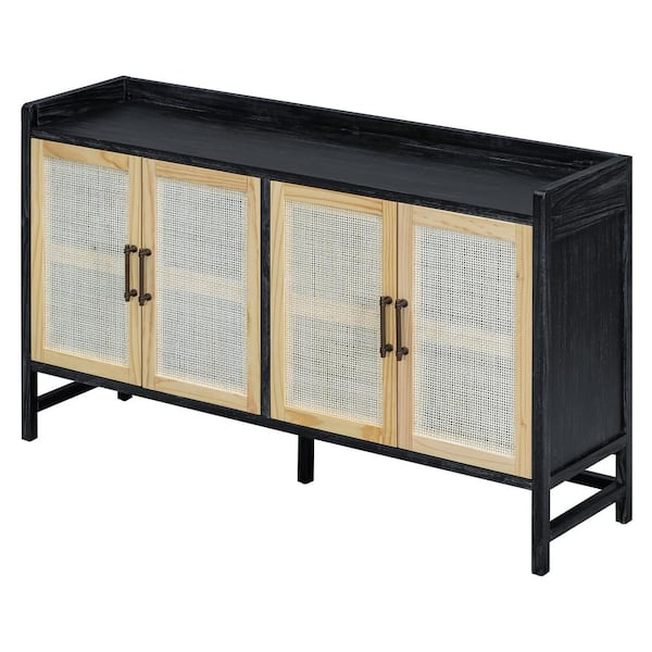 Vintage 60 in. W x 16 in. D x 35.8 in. H Black Linen Cabinet Rustic Sideboard with Decorative Rattan Doors and Shelves