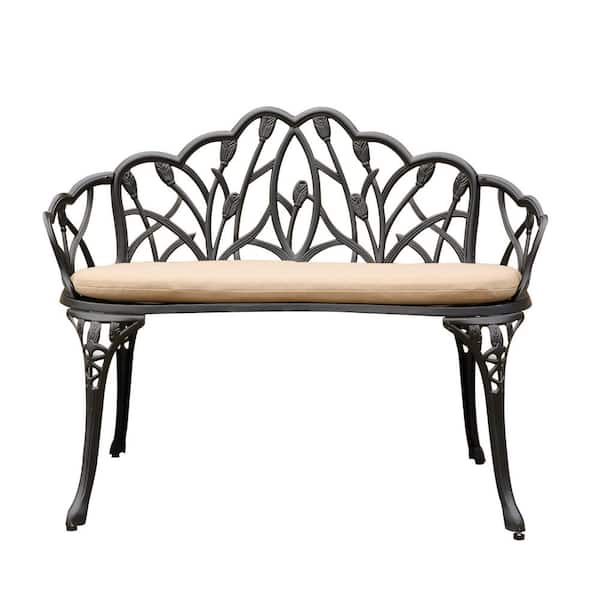 Zeus & Ruta 38.9 in. Black Metal Outdoor Bench Patio Garden Bench with Beige Cushion for Patio, Lawn, Park and Deck