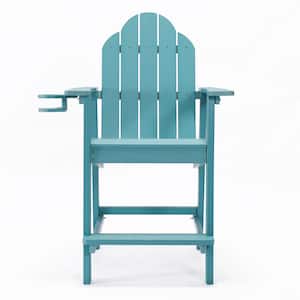 Linda Lake Blue Tall Weather Resistant Outdoor Adirondack Chair Barstool With Cup Holder For Deck Balcony Pool