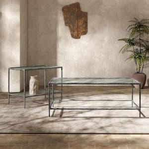 Parto Modern 47.2 in. Forged Metal Gray Rectangle Glass Top Coffee Table Set With 2 Pieces With Shelf