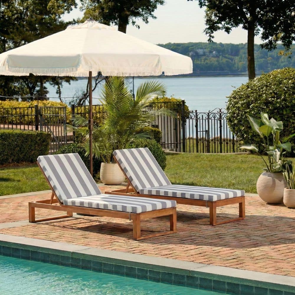 Solano Natural 1-Piece Wood Outdoor Chaise Lounge Chair with Gray Striped Cushion price history on PriceWatchPro