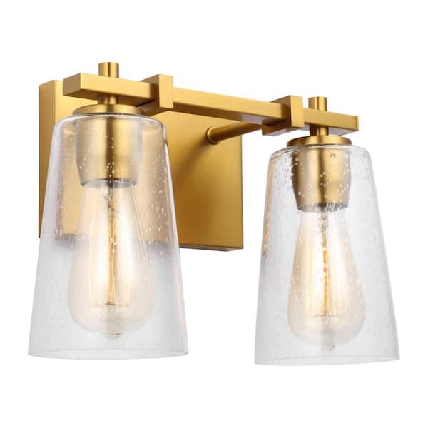 Mercer 12.5 in. 2-Light Burnished Brass Traditional Vanity Light with Clear Seeded Glass Shades