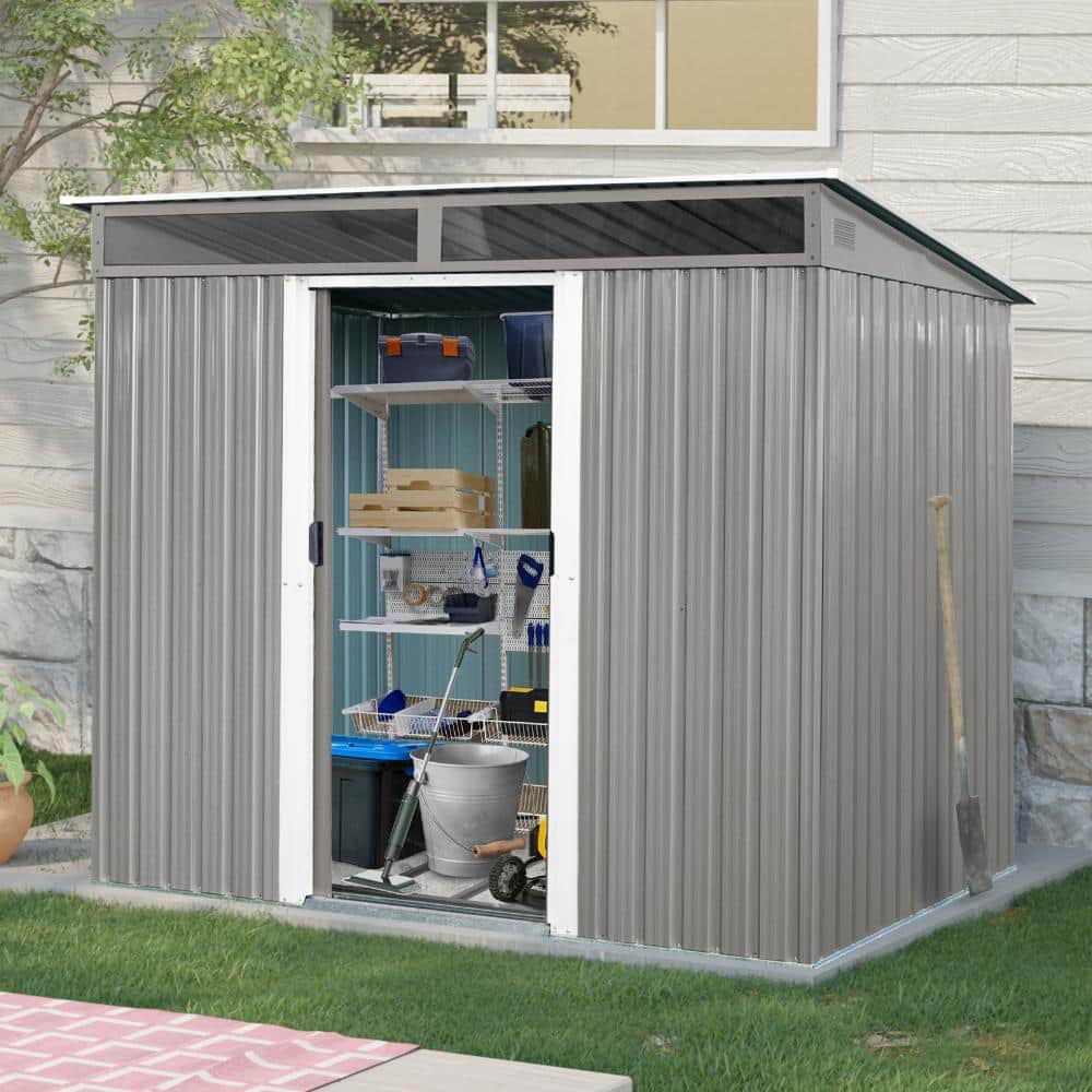 8x6 FT Grey Outdoor Metal Storage Shed with Lockable Sliding Doors & Transparent Plate for Garden Lawn price history on PriceWatchPro