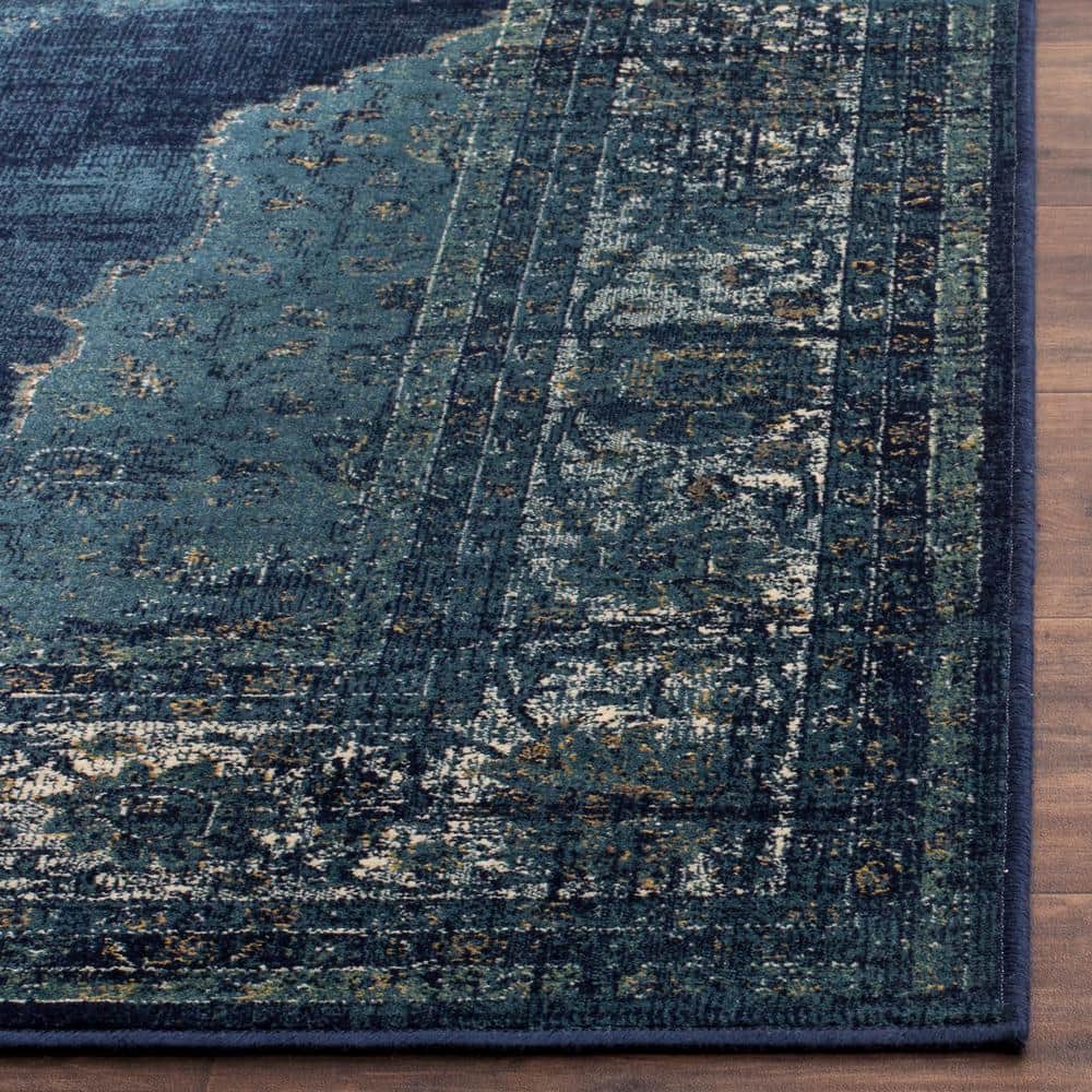 Navy Medallion Silky-Feel Rectangular Viscose Rug, 5'3" x 7'6"