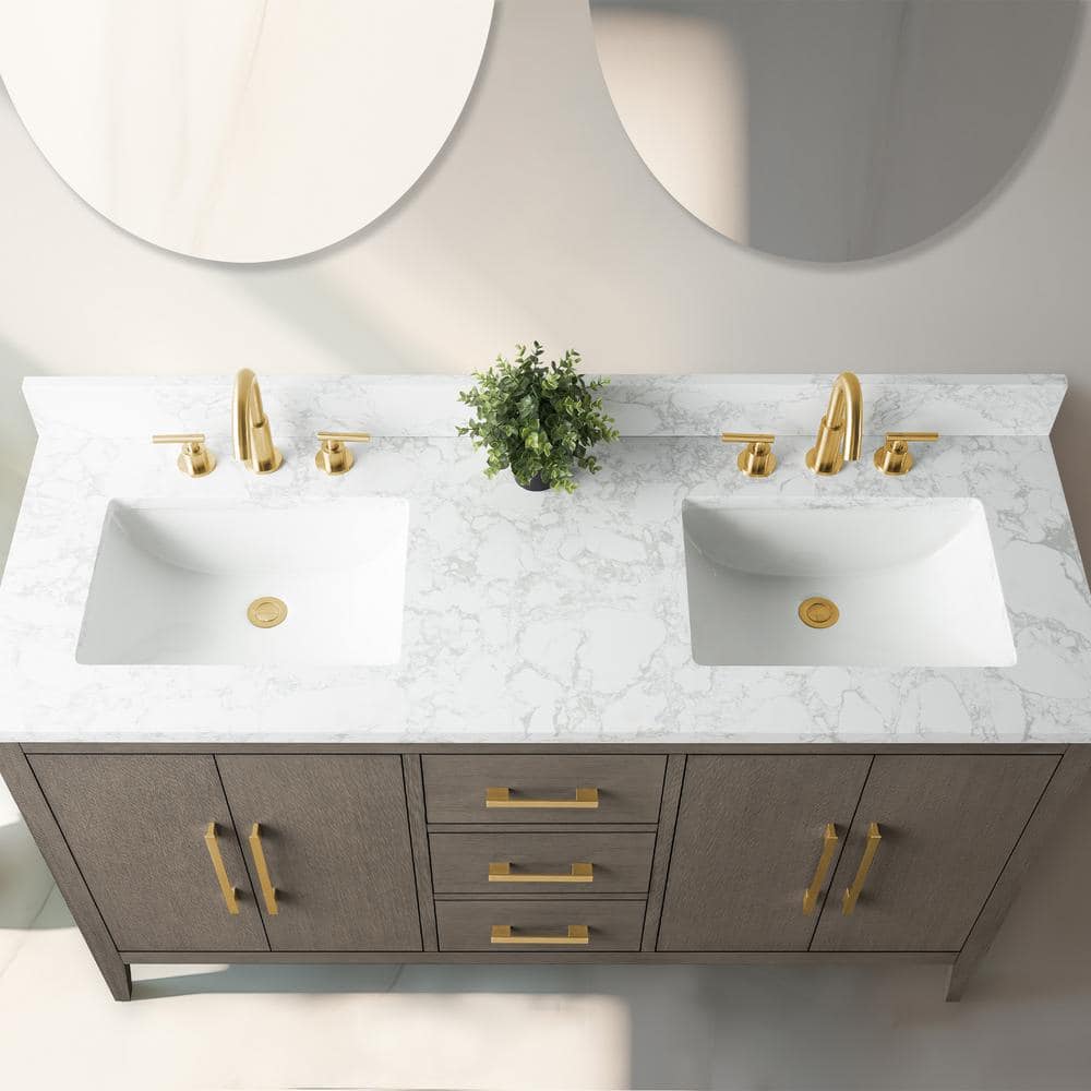 60" Driftwood Gray Double Sink Bathroom Vanity with Marble Countertop