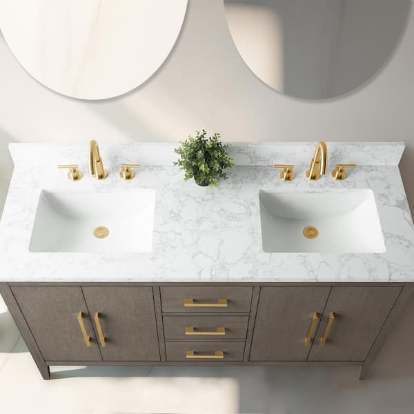 Vanity Art 60 in. W x 22 in. D x 34 in. H Double-Sink Bath Vanity in Driftwood Gray with Engineered Marble Top in Arabescato White