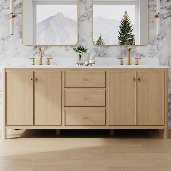 LORIN 80 in W Double Sink Freestanding Solid Wood Oak Bath Vanity with White Quartz Top, Backsplash, Assembled Cabinet
