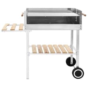 XXL Stainless Steel Trolley Charcoal Grill with 2-Shelves in Silver