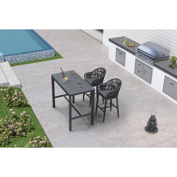 Modern Aluminum Bar Height Top Table and Rattan Outdoor Bar Stool Set with Gray Cushion (3-Pack)