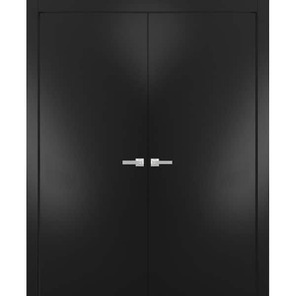 72 in. x 80 in. Black Matte Finished Universal/Reversible Frosted Glass Solid Wood Assembly Required Interior Door Kit