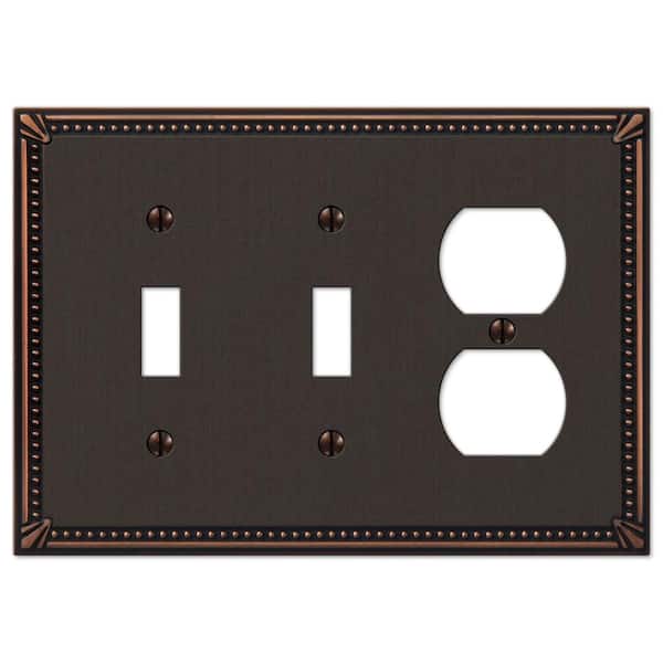 AMERELLE Imperial Bead 3 Gang 2-Toggle and 1-Duplex Metal Wall Plate - Aged Bronze