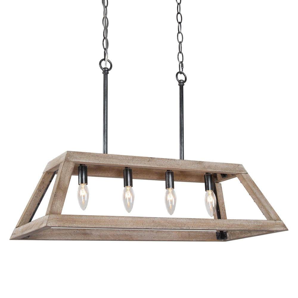 Farmhouse 4-Light Brushed Silver Island Wood Cage Chandelier for Living Roo