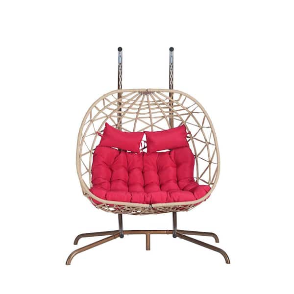 Sudzendf 2-Person Light Yellow Wicker Outdoor Patio Swing Hanging Egg Chair with Red Cushions