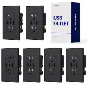 21W USB Wall Outlet w/Dual Type A and Type C USB Ports, 20 Amp Tamper Resistant Outlet, w/Wall Plate, Black (6 Pack)