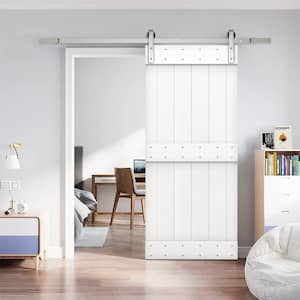 Mid-Bar 24 in. x 84 in. White Stained Knotty Pine Wood Interior Sliding Barn Door with Hardware Kit