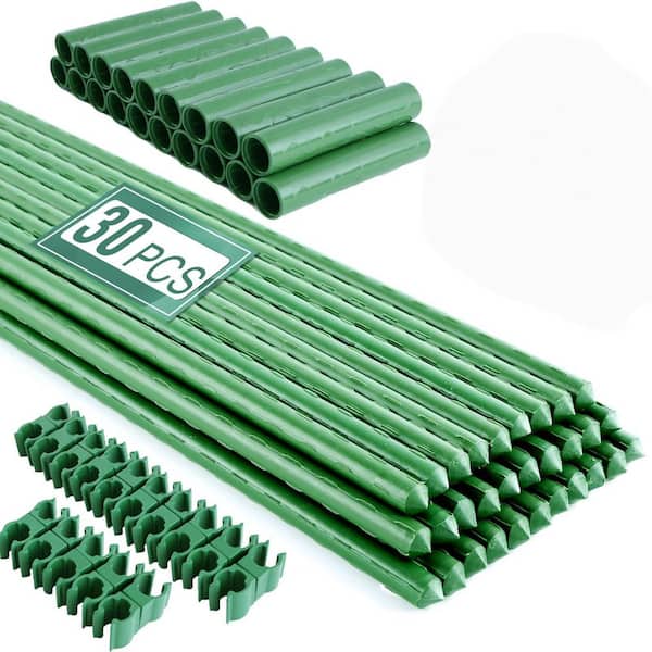 16 in. Garden Support Stakes, Green Plastic Coated Metal Adjustable Plant Stakes with Connectors and Clips (30-Pack)