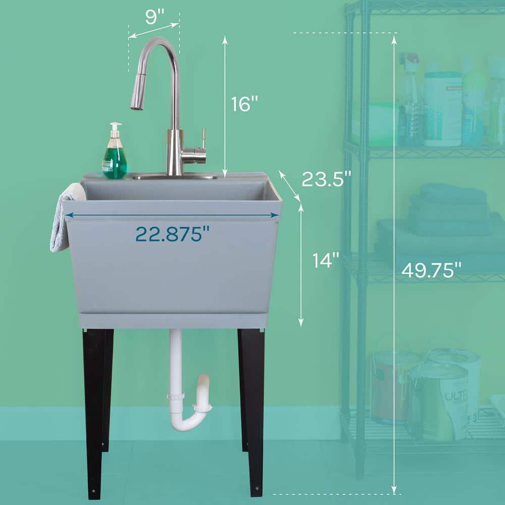 Gray Freestanding Utility Sink with Stainless Steel Faucet