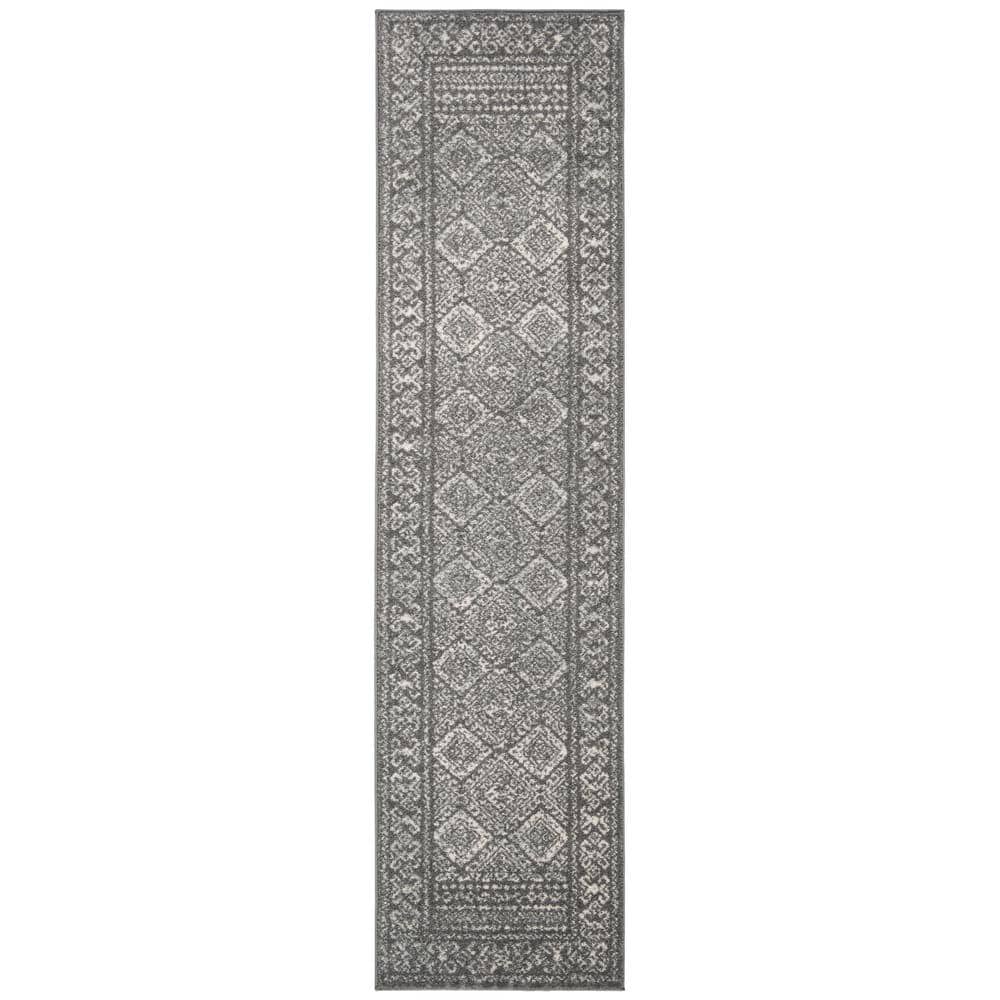 Dark Grey and Ivory Synthetic Runner Rug, 2' x 7'