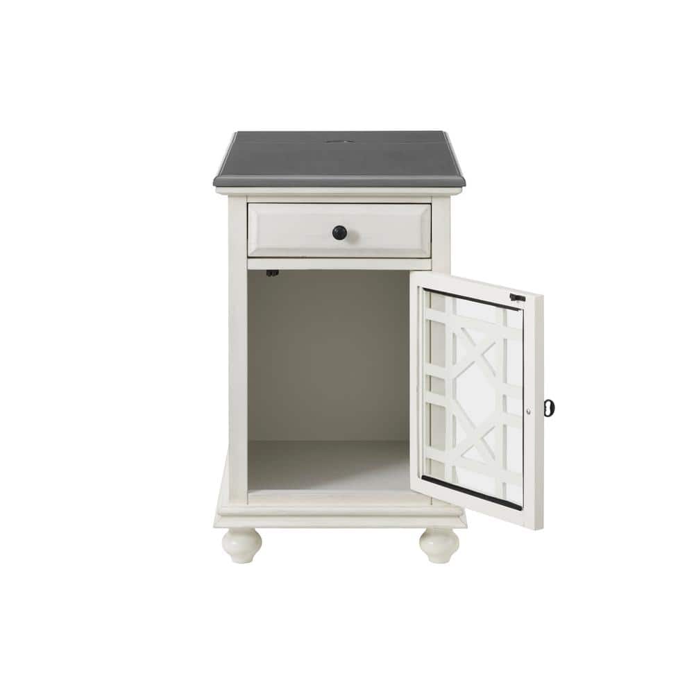 White and Gray Rectangular Wood Chairside Table with Storage