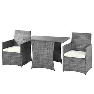 3-Pieces Wicker Patio Conversation Set Outdoor Table and Chair Set with White Cushions