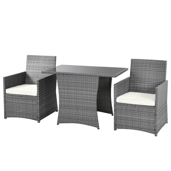 HONEY JOY 3-Pieces Wicker Patio Conversation Set Outdoor Table and Chair Set with White Cushions