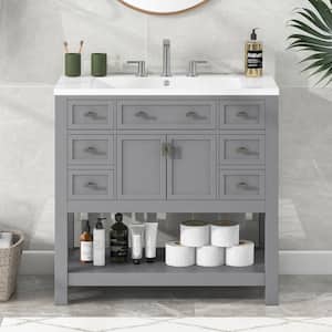 35.2 in. W x 17.7 in. D x 34.1 in. H Freestanding Bath Vanity in Gray with White Top