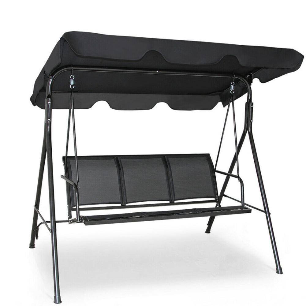 Black Powder Coated Steel 3-Person Outdoor Patio Swing with Adjustable Canopy