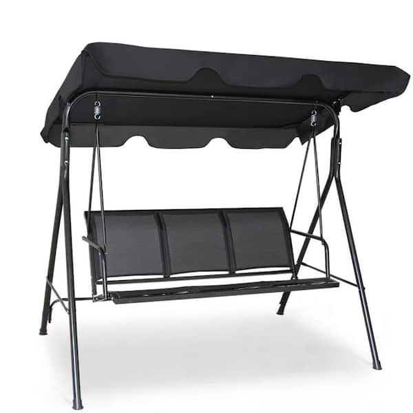 Mondawe Black 3-Person Metal Patio Swing Chair Yard Glider Porch Swing Chair with Adjustable Canopy