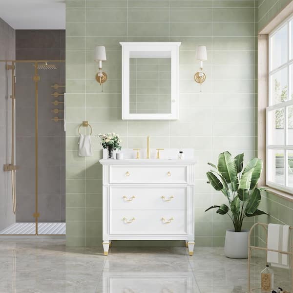 ANGELES HOME 36 in. W Assembled Solid Wood White Bathroom Vanity Medicine Cabinet, White Quartz Top