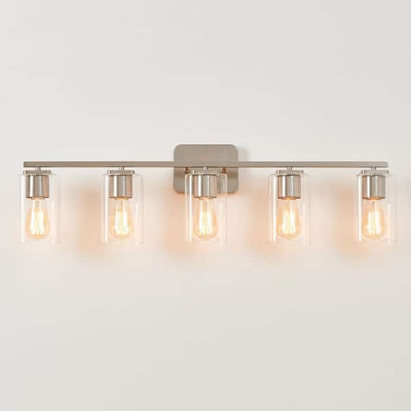 KAWOTI 35.5 in. 5-Light Brushed Nickel Clemmon Vanity Light with Square Glass Shade