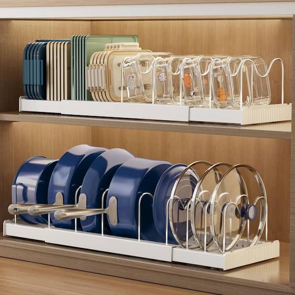 2 Pack White Expandable Cabinet Inside Pot Rack for Kitchen Counter Pantry Under Cabinet Storage with 9 Dividers