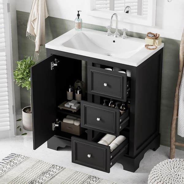 30 in. W Freestanding Bath Vanity in Black with White Ceramic Top and Sink, 3 Drawers