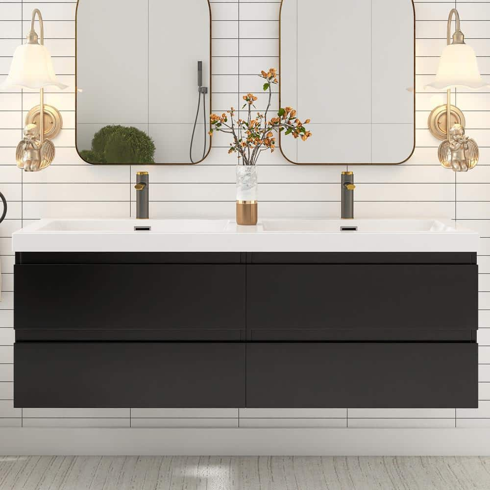 Boosicavelly 48 in. W x 20 in. D x 22.5 in. H Double Sink Wall-Mounted  Bathroom Vanity Set in Black with White Resin Top FZ-Angela-48-BD - The  Home Depot